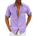 Vista detallada de una camisa casual morada de manga corta para hombre con elegantes ribetes de cuadros - 4XL / Tops / Púrpura