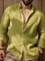 Close-up of lime green linen-cotton blend long sleeve shirt with textured fabric - Grass Green