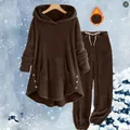Cozy brown fleece hooded loungewear set for women in a winter theme. - 3XL / Top And Bottom / Coffee