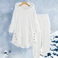 Two-piece white plush hooded loungewear set featuring soft fleece fabric and side buttons - 3XL / Top And Bottom / White