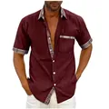 Stylish men's maroon short sleeve casual shirt with elegant plaid trim accents. - Burgundy
