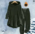 Warm olive green fleece loungewear set with hoodie and pants for winter comfort. - Army Green