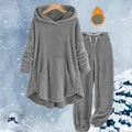 Close-up detail of women's gray cozy fleece hooded sweatshirt and matching pants set - 3XL / Top And Bottom / Gray
