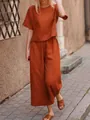 Terracotta linen two-piece set for women featuring loose short sleeve top and wide-leg trousers - XS / Top And Bottom (Short Sleeve) / Orange