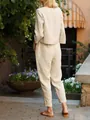 Elegantes zweiteiliges Damen-Leinenset in Beige mit Gummizughose und lockerem Oberteil - S / Oberteil Und Unterteil / Gebrochenes Weiß