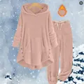 Detailed view of pink fuzzy fleece hoodie and pants loungewear set for winter - 3XL / Top And Bottom / Pink
