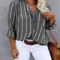 Casual women's grey and white vertical striped long sleeve shirt with v-neck and buttons - S / Tops / Dark Gray