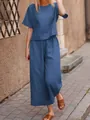 Casual blue linen-style two-piece set with short sleeve top and wide leg pants - XS / Top And Bottom (Short Sleeve) / Blue