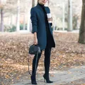 Elegant navy blue stand collar woolen coat for women, perfect for autumn and winter outfits - S / Tops / Blue
