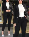 Close-up and full view of black women's formal suit set featuring stylish gold-toned buttons. - S / Top And Bottom / Black