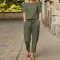 Conjunto de verano de algodón y lino verde oliva con top de manga corta y pantalón - S / Top Y Pantalón / Verde Militar