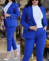 Detail view of royal blue professional business suit set for women with gold buttons - S / Top And Bottom / Sapphire Blue