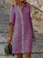 Vue détaillée d'une robe chemise en coton et lin violette avec grands boutons - S / Haut Et Bas / Violet