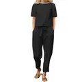 Vista dettagliata del completo da donna in cotone e lino nero con top a maniche corte e pantaloni - Nero