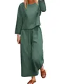 Comfortable loose fit green linen two-piece set with long sleeve top and wide leg pants. - XS / Top And Bottom / Dark Green