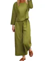 Full view of casual green two-piece linen-style loose shirt and wide-leg trousers set - XS / Top And Bottom / Green