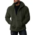 Warm men's plush fleece zip-up hooded jacket in dark olive green for autumn style - M / Tops / Army Green