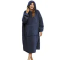 Vista completa di una felpa coperta in sherpa blu scuro oversize indossata da modella - Taglia unica / Top / Blu Notte