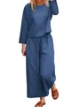 Loose fit blue linen cotton two-piece set featuring long sleeve top and wide leg pants - Blue