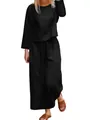 Model wearing a comfortable black loose fit two-piece casual shirt and trousers set - XS / Top And Bottom / Black
