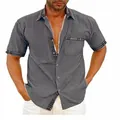 Men's casual short sleeve shirt in gray with plaid trim on collar and cuffs - Dark Gray
