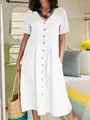 Elegant white cotton linen button-down dress featuring a V-neck and short sleeves - S / Top And Bottom / White