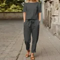 Set due pezzi da donna in cotone e lino grigio scuro con maglia a girocollo e pantaloni - Grigio scuro
