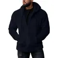 Comfortable men's navy blue fuzzy fleece hooded cardigan jacket with front zipper - M / Tops / Dark Blue