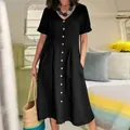 Woman wearing black solid color loose high waist cotton linen dress with buttons - S / Top And Bottom / Black