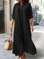 Elegant black cotton linen maxi dress with shirt collar and long sleeves for casual wear - S / Top And Bottom / Black