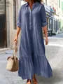 Elegant relaxed blue cotton linen maxi dress featuring a shirt collar and tiered hem - Sapphire Blue
