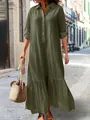 Close-up detail of olive green cotton linen maxi shirt dress with casual collar and buttons - Army Green