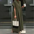 Elegante abito lungo in cotone e lino verde oliva con gonna a pieghe e scollo rotondo - Taglia S / Verde militare