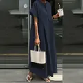 Abito lungo in cotone e lino blu navy vestibilità ampia con scollo rotondo casual - Taglia S / Blu scuro
