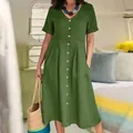 Detailed view of a casual green cotton linen button-down midi dress with pockets - Green