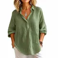 Détail d'une chemise ample en lin vert à col en V et manches longues pour femme - 3XL / Hauts / Vert foncé