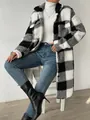 Cozy black and white checkered long plush coat featuring a stylish lapel collar - Black and White Plaid