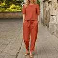 Conjunto casual de dos piezas de algodón y lino terracota con top de cuello redondo - S / Top Y Pantalón / Rojo