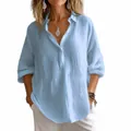 Camisa informal de lino azul claro de manga larga con elegante cuello en V para mujer - 3XL / Tops / Azul cielo