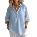 Chemise en lin bleu clair à manches longues et col en V élégant pour femme, style décontracté - 3XL / Hauts / Bleu ciel