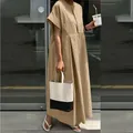 Elegante abito lungo ampio in cotone e lino color kaki con scollo rotondo e maniche corte - Taglia S / Kaki