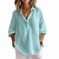 Vue détaillée d'une chemise en lin vert menthe pour femmes avec une coupe ample. - 3XL / Hauts / Vert Haricot