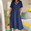 Detail shot showing the pleated high waist and button-down front of a casual blue linen dress - Dark Blue