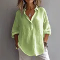 Γυναικείο casual λινό πουκάμισο σε πράσινο lime με μακριά μανίκια και λαιμόκοψη V - S / Πράσινο