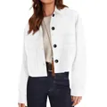 Stylish women's short faux suede jacket in white with large black buttons. - S / Tops / White