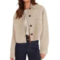 Detail view of stylish beige short suede jacket for women, casual autumn outerwear. - S / Tops / Khaki