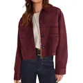 Fashionable wine red faux suede short jacket for women with large pockets and buttons - S / Tops / Dark Red