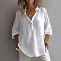Κομψό λευκό λινό γυναικείο πουκάμισο, χαλαρή μπλούζα με λαιμόκοψη V και μακριά μανίκια. - S / Λευκό