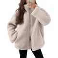 Detail van een knusse oversized beige fleece jas met hoge kraag en dubbele metalen rits - S / Tops / Broken Wit