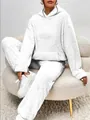 Close-up detail of white fuzzy fleece loungewear set with hoodie and relaxed pants - White